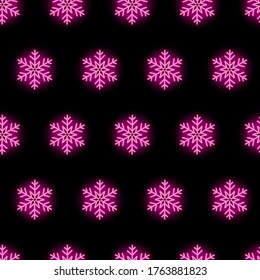 Weihnachtsneon nahtloses Muster mit rosafarbenen violetten Schneeflocken auf schwarzem Hintergrund. X-mas oder Winterkonzept für Tapeten, Hintergrund, Packpapier. Vektorgrafik 10 EPS.