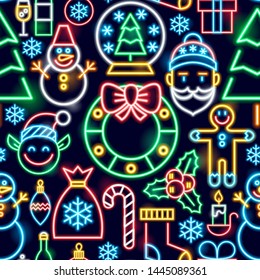 Christmas Neon Seamless Pattern. Vector Illustration of Winter Holiday Promotion.