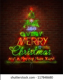 Christmas neon sign against red wall. Vector Illustration.