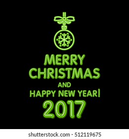 Christmas neon sign. Vector Illustration. green merry Christmas and happy new year 2017 neon, light color toy art
