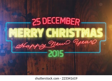 Christmas Neon Sign. Wood Texture Wall. Holiday Design. Vector Illustration.