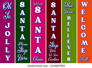 Christmas neon signs set. Bright glowing and shiny vertical porch sign bundle for night home decoration, front door design and background. Christmas long sign vector design. Winter Farmhouse quote