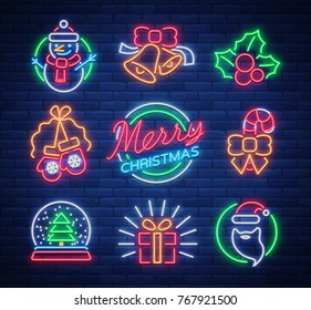 Christmas neon signs. Vector illustration on winter holidays. Neon luminous symbols for New Year and Christmas projects greetings cards, posters, banners, flyers. Neon signboards, vibrant advertising.