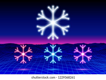 Christmas neon snowflake icon or element for 80s styled party or retro discount flyer