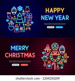 Christmas Neon Website Banners. Vector Illustration of Winter Holiday Promotion.