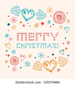 Christmas netting banner. Scandinavian style knitted pattern with hearts and snowflakes. Light xmas card