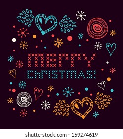 Christmas netting banner. Scandinavian style knitted pattern with hearts and snowflakes. Xmas card