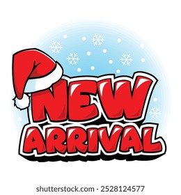 Christmas new arrival from Santa Claus. Lettering with Santa hat with snowflakes. Vector template on transparent background