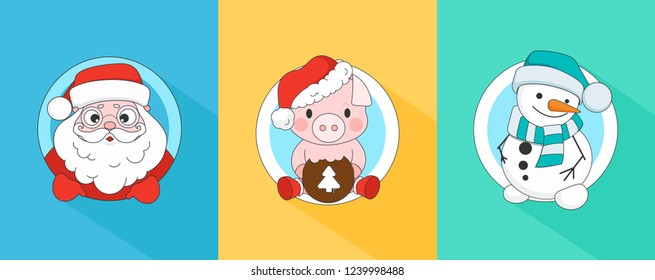 Christmas and New Year’s Flat Icon Set. Isolated holidays illustrations with pig, Snowman and Santa Claus characters.