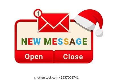 Christmas New message notification label. Xmas letter reminder concept. UI with email frame New Year theme. Holiday popup page mail envelope. Vector illustration