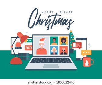 Christmas new normal. people meeting online together with family or friends video calling on laptop, shopping and chatting online in internet. Merry and Safe Christmas flat vector illustration