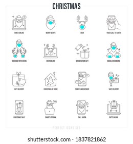 Christmas at new normal. Thin line icons set. Santa Claus online, video call, social distancing, using surgical masks, safety delivery of gifts messenger with Santa for children. Vector illustration.