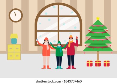 Christmas in new normal vector concept: Little son and his parents celebrating christmas in new normal while wearing face mask at home