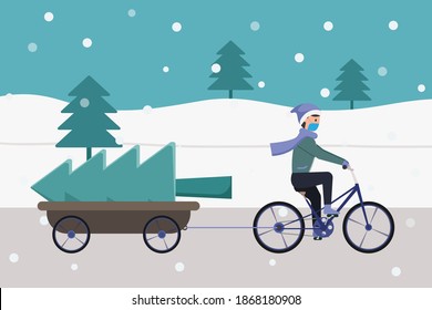 Christmas in new normal vector concept: Young man carrying pine tree for christmas tree while riding his bicycle and wearing face mask at the park