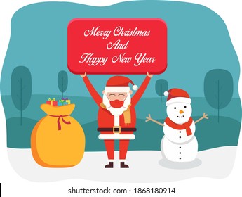 Christmas in new normal vector concept: Santa claus holding merry christmas and happy new year text while wearing face mask