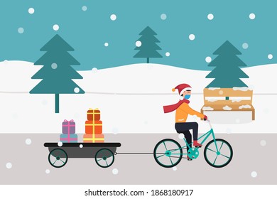 Christmas in new normal vector concept: Young man carrying many gifts while riding his bicycle