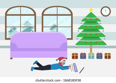 Christmas in new normal vector concept: Little boy writing letter to santa claus while lying on the floor and wearing face mask