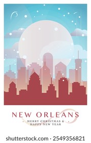 Christmas New Orleans retro poster for winter  festives, New Year in USA. Greetings, happy holidays and merry xmas from Louisiana, United States of America vector postcard layout