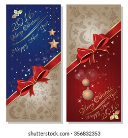 Christmas and New Year 2016. Festive red and blue background with holly, red ribbon and bow, Christmas decorations and gold greeting inscription. Vector illustration.