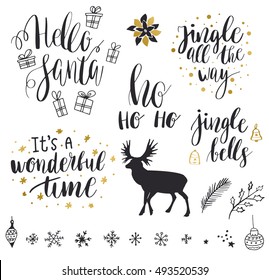 Christmas and New Year 2017 lettering and decorative elements collection. Vector illustration set for greeting cards, tags, posters, web, print. Deer, snowflakes, toys, bells and christmas quote set