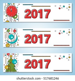 Christmas and New Year 2017 thin line style vector banners collection