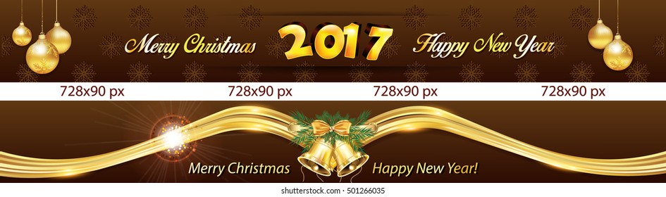 Christmas and New Year 2017 web banners with snowflakes, Christmas Baubles and jingle bells. Space for your own advertising.