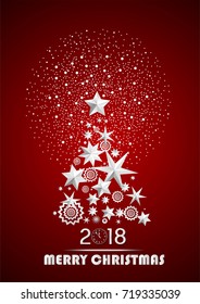 Christmas and New Year 2018 abstract with Christmas Tree made of stars and snowflakes with firework on dark red ambient background. Vector illustration