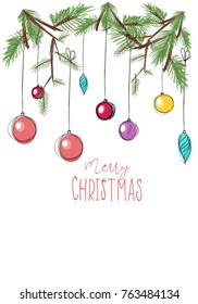 Christmas and New Year 2018 background.  tree branches with toy. Hand drawn holiday illustration
