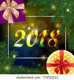 Christmas and new year 2018 background with a frame and realistic pine branches, snowflakes, gift boxes with red and golden bow. Vector.