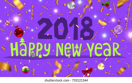 Christmas and New Year 2018 decorations | Greeting card vector template | Gold foil confetti, ribbons and glitter | Holiday illustration for posters, placards, banners and flyers