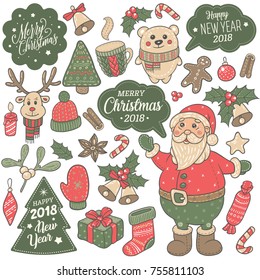 Christmas, New Year 2018. Santa, animal, decoration cartoon vector set. Sticker, logo, design illustration. For banners, greeting cards, gifts.