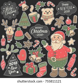 Christmas, New Year 2018. Santa, animal, decoration cartoon vector set. Sticker, logo, design illustration. For banners, greeting cards, gifts.