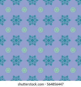 Christmas and New Year 2018 theme. Snowflakes decorated with circles and dots. Vector winter design on a blue background. Happy smiling snowflakes seamless pattern.