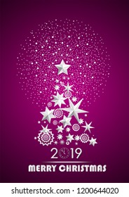 Christmas and New Year 2019 abstract with Christmas Tree made of stars and snowflakes with firework on dark pink ambient background. Vector illustration