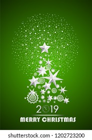 Christmas and New Year 2019 abstract with Christmas Tree made of stars and snowflakes with firework on dark green ambient background. Vector illustration