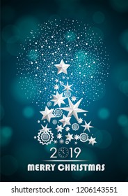 Christmas and New Year 2019 abstract with Christmas Tree made of stars and snowflakes with firework on cyan ambient blurred background. Vector illustration