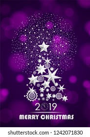 Christmas and New Year 2019 abstract with Christmas Tree made of stars and snowflakes with firework on dark violet ambient blurred background. Vector illustration