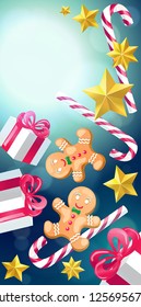 Christmas and New Year 2019 background. Gifts, gold stars, Christmas striped candy canes and gingerbread on green background. 