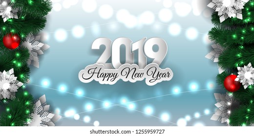 Christmas and New Year 2019 banner, Xmas sparkling lights garland with christmas tree, paper snowflakes.