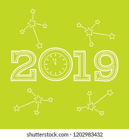Christmas and New Year 2019 card. Vector new year background with clock and stars. Design for postcard, banner, print.