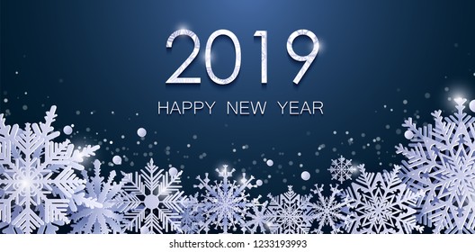 Christmas New Year 2019 card with shine paper snow flake. Falling snowflakes on a dark and blue winter background. Vector illustration. Flyers Banners Style. Merry Christmas, New Year design. EPS 10.