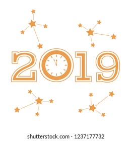 Christmas and New Year 2019 card. Vector new year background with clock and stars. Design for postcard, banner, print.