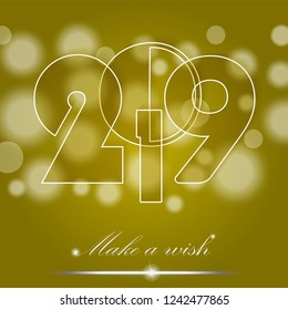 Christmas and New Year 2019 card on yellow ambient background. Make a wish concept. Invitation design. Vector illustration