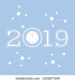 Christmas and New Year 2019 card. Vector new year background with clock and stars. Design for postcard, banner, print.
