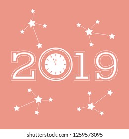 Christmas and New Year 2019 card. Vector new year background with clock and stars. Design for postcard, banner, print.