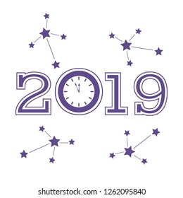 Christmas and New Year 2019 card. Vector new year background with clock and stars. Design for postcard, banner, print.