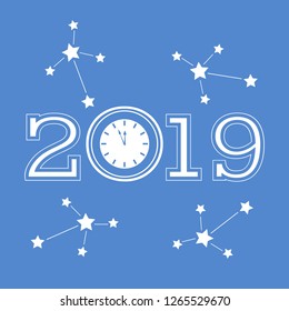 Christmas and New Year 2019 card. Vector new year background with clock and stars. Design for postcard, banner, print.