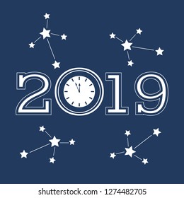 Christmas and New Year 2019 card. Vector new year background with clock and stars. Design for postcard, banner, print.