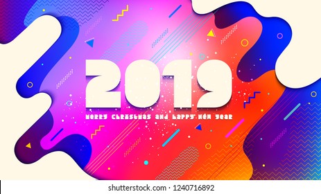 Christmas. New Year 2019. Happy New Year. Greeting card with inscription Happy New Year 2019. Memphis geometric bright style for Happy New Year or Merry Christmas. Holiday background, banner, vector