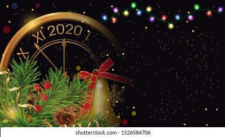 Christmas or New Year 2020 background with golden clock, branches Christmas tree and cone, bell with ribbon and lights luminous garland. Black Xmas template. Vector illustration.